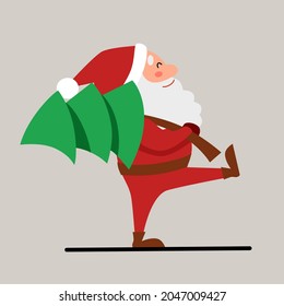 Santa Claus is walking with Christmas tree on his shoulder. Side view.