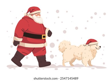 Santa Claus walking fluffy dog winter scene snowflakes festive red suit hat boots white background holiday theme