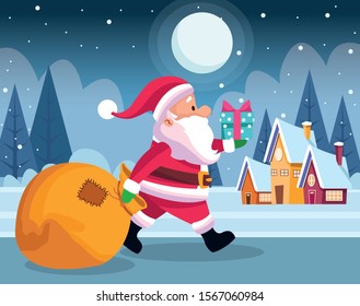 santa claus walking with gift boxes and big bag over houses and snowy night background, colorful design , vector illustration