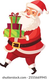 Santa claus walking joyfully while carrying a stack of beautifully wrapped christmas gifts, spreading holiday cheer and creating a sense of excitement and anticipation for all