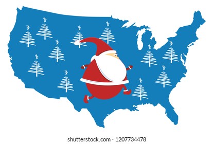 Santa Claus is walking on a map of the USA decorated with Christmas trees. White background.