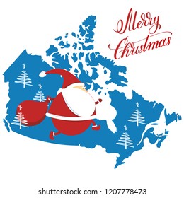 Santa Claus is walking on a map of Canada decorated with Christmas trees. White background.