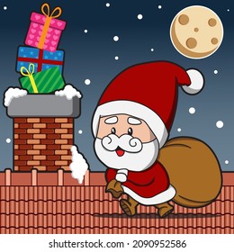Santa Claus walking on the roof to give gifts on Christmas eve through the chimney. Vector illustration graphic.