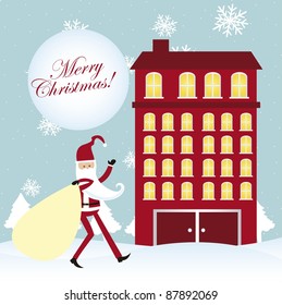 santa claus walking over snow, building. vector