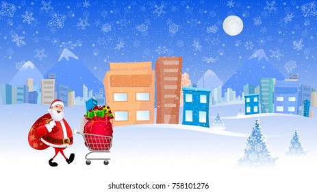 Santa Claus walking with Shopping cart