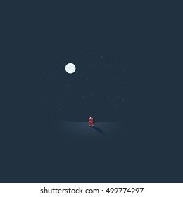 Santa Claus walking in snow on Christmas night with moon shining. Minimalistic style vector cartoon for holiday. Eps10 vector illustration.