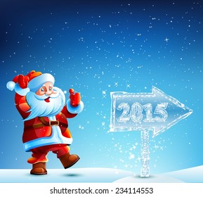 Santa Claus walks 2015 in the direction indicated by an icy pointer. New Year Christmas. Vector. Icon.