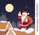 Santa Claus walks across the rooftops at night with a bag of gifts. Flat cartoon style vector illustration. For Christmas cards. Holiday cartoon character