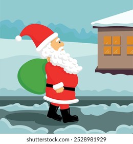 Santa Claus walks with a bag of gifts in the town. New Year symbol. Vector flat illustration