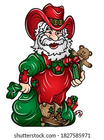 Santa Claus. Wall sticker Color, graphic, decorative portrait of Santa Claus in a cowboy hat with a bag of gifts. Digital vector drawing.