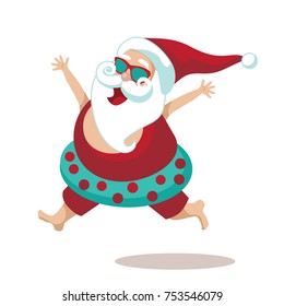 Santa Claus a warm climate running happily with his inner tube on. EPS 10 vector.