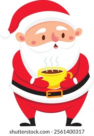 Santa Claus warming up with a hot beverage during Christmas time, enjoying a moment of relax with a steaming cup of coffee or hot chocolate