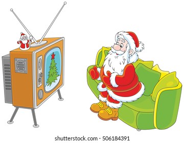 Santa Claus watching his old TV set