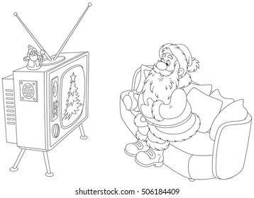 Santa Claus watching his old TV set