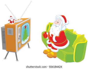 Santa Claus watching his old TV set