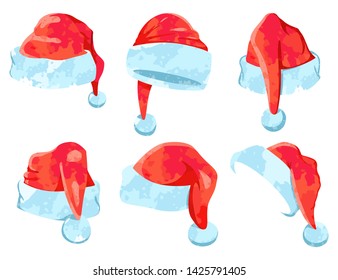 Santa Claus watercolor hat vector cartoon Christmas icons set isolated on a white background.