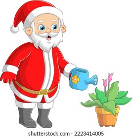 Santa claus regando la planta en la olla de la ilustración