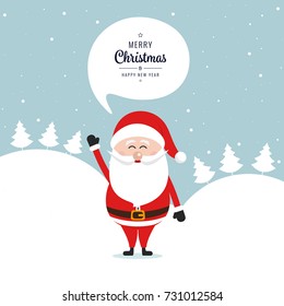 Santa claus wave merry christmas speech bubble snow landscape background