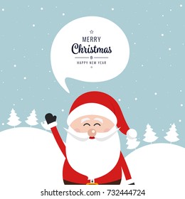 Santa claus wave merry christmas speech bubble snow landscape background