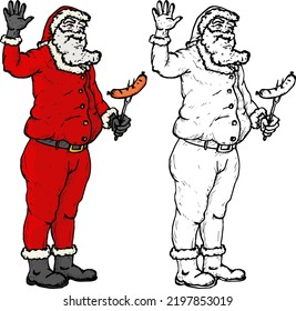 Santa Claus wave welcome while holding a skewer with sausage, isolated against white. Hand drawn vector illustration.