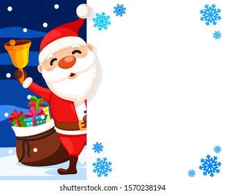 Santa Claus waves a bell from behind a white shield, a place for text. Christmas