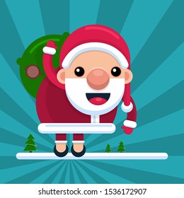 Santa Claus waves his hand with a bag on his back, on a striped background. Character in cartoon style. Vector.