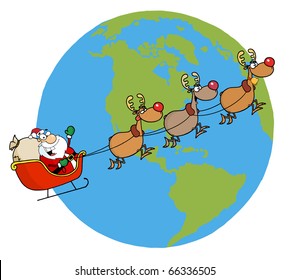 Santa Claus Waving And Flying Above Earth