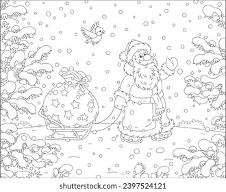 Santa Claus waving in greeting and pulling his sledges with a magical bag of winter holiday gifts for little children, black and white vector cartoon illustration for a coloring book