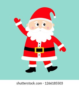 Santa Claus waving hand. Happy New Year. Merry Christmas. White moustaches, beard. Red hat. Cute cartoon funny kawaii baby character. Greeting card. Flat design. Blue background. Vector illustration