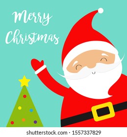 Santa Claus waving hand. Merry Christmas tree. Costume, red hat, golden belt, beard. Cute cartoon kawaii funny baby character smiling face. New Year. Greeting card. Blue background Vector illustration