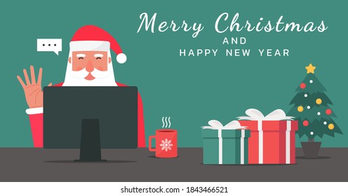 Santa Claus ondeando mano usando un ordenador en la mesa con regalos y decoraciones y Feliz Navidad y feliz texto de año nuevo, ilustración vectorial plana