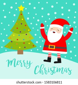 Santa Claus waving hands on snowdrift. Merry Christmas tree. Costume, red hat, golden belt, beard. Cute cartoon kawaii funny smiling baby character. New Year. Greeting card Blue snow background Vector