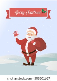 Santa Claus waving. Has brought the bag with gifts. Vector illustration of a flat style. Bright New Year and Christmas characters