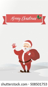 Santa Claus waving. Has brought the bag with gifts. Vector illustration of a flat style. Bright New Year and Christmas characters