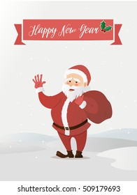 Santa Claus waving. Has brought the bag with gifts. Vector illustration of a flat style. Bright New Year and Christmas characters