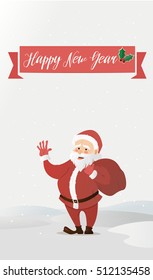 Santa Claus waving. Has brought the bag with gifts. Vector illustration of a flat style. Bright New Year and Christmas characters