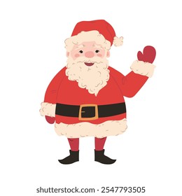 Santa Claus waving his hand, ideal for holiday cards, gift bags, seasonal decorations, posters, and winter greeting designs, spreading festive cheer and holiday spirit