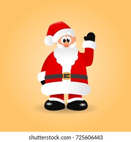 Santa Claus is waving his hand and making greeting gesture. Cartoon character on an orange background. Christmas vector illustration