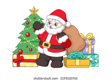 Santa Claus waving and holding a sack of presents next to a Christmas tree surrounded by colorful gift boxes cute cartoon illustration