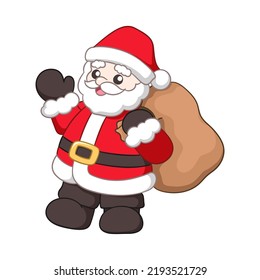 Santa Claus waving and holding a sack of presents cute cartoon illustration