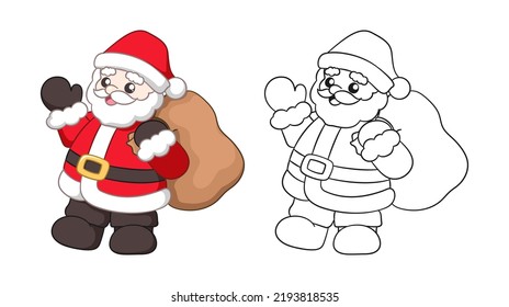 Santa Claus waving and holding a sack of presents cute cartoon illustration. Colored and outline set. Coloring book page printable activity worksheet for kids.