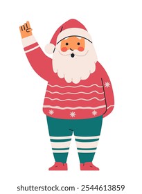 Santa Claus waving illustration Christmas theme festive character in red suit with white beard and hat standing on white background digital design