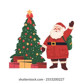 Santa Claus ondeando cerca del árbol de Navidad decorado con regalos festivos escena de vacaciones adornos coloridos diseño verde rojo