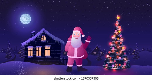 Santa Claus waving next to a decorated Christmas tree with night village in snow on moonlit night background 