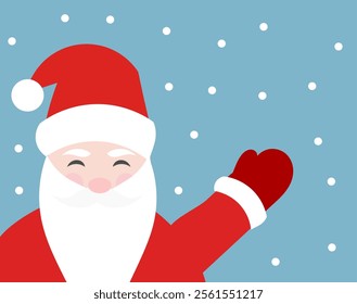 Santa Claus waving on winter snow background. Christmas greeting card. Vector illustration.