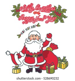 Santa Claus waving. Vintage style funny greeting card - Christmas and Happy New Year 2020 Holiday Vector 