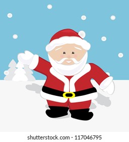Santa Claus waving and walking on snow. Vector version