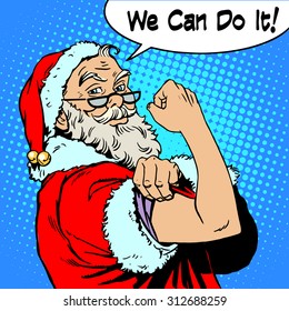 Santa Claus we can do it the power of protest Christmas New year. Fairy tale character in festive costume. Retro style pop art