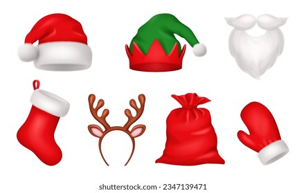 Santa Claus wear accessory realistic, Christmas holiday. Red cute cap, snow reindeer and elves fur hat, mittens and beard, sack or bag with presents. Funny winter celebration headwear set