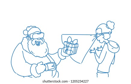 Santa claus wear digital glasses give woman virtual reality present merry christmas happy new year concept sketch doodle horizontal vector illustration